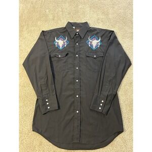 Vintage Karman Western shirt Mens 34 Black Pearl Snap Embroidered Bull Animal